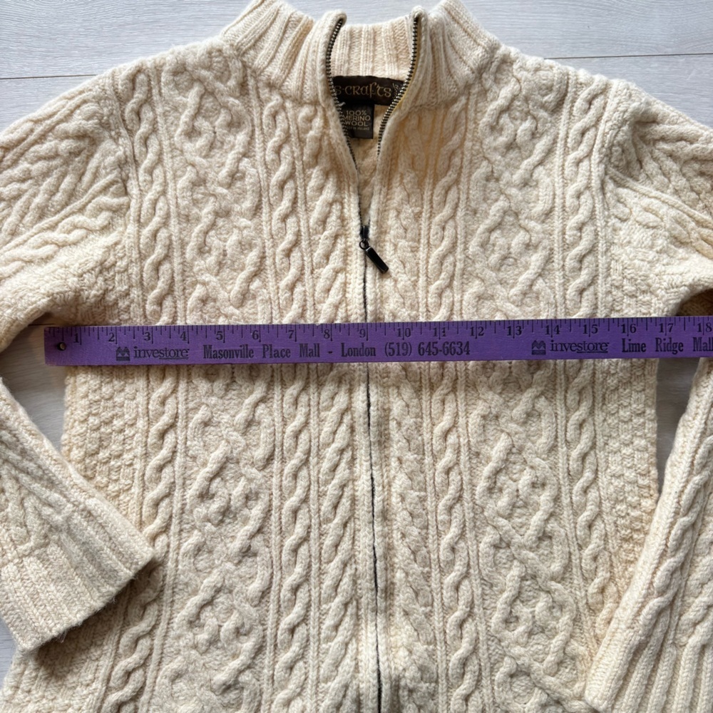 Irish Crafts Zip Up Cable Knit Fitted Sweater Merino Wool Made in Ireland - Picture 3 of 6